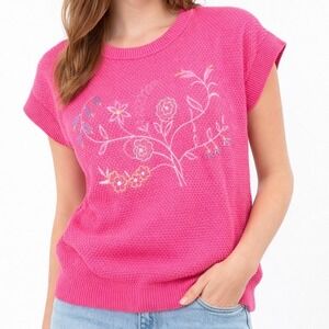 College Point Knit Sweater Women M Pink Floral Embroidered Short Sleeve Cotton
